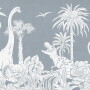 Tapeta dla dzieci Monochrome Dino Niebieska z białymi dinozaurami i palmami na błękitnym tle