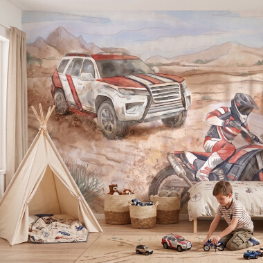 Tapeta mural dla dzieci z samochodem terenowym, quadem i motocrossem do pokoju chłopca