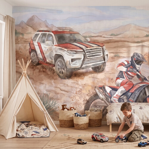 Tapeta mural dla dzieci z samochodem terenowym, quadem i motocrossem do pokoju chłopca