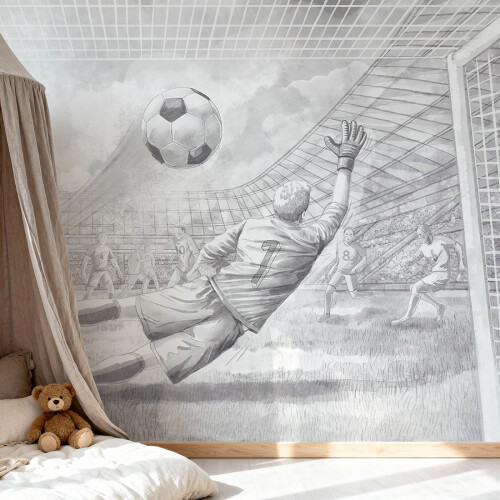 Tapeta mural z piłkarzem, bramką i stadionem do pokoju chłopca