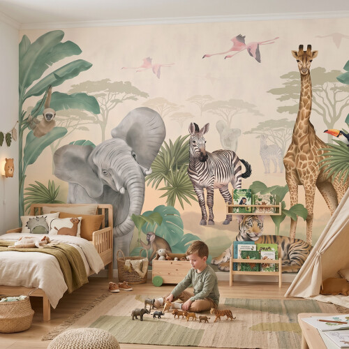 Tapeta mural Safari dla dzieci z lwem, żyrafą, słoniem i zebrą do pokoju dziecka