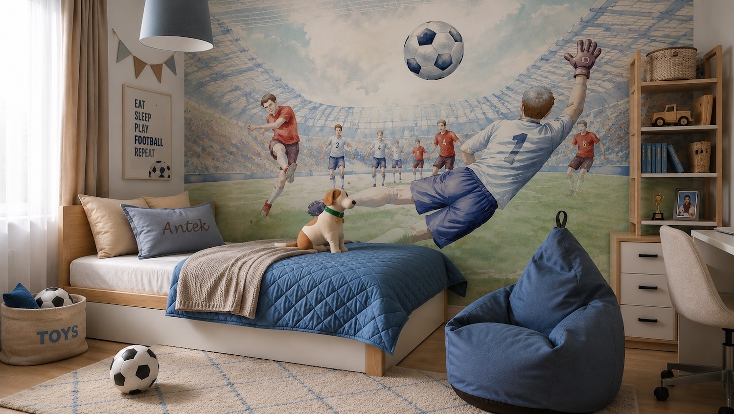 Pokój chłopca z muralem stadionu, niebieską narzutą i personalizowanymi dodatkami