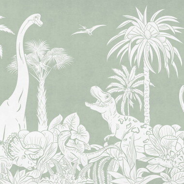 Tapeta dla dzieci Monochrome Dino Niebieska z białymi dinozaurami i palmami na zielonym tle